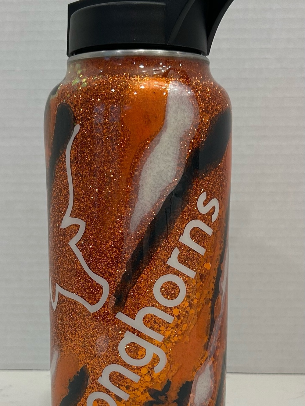 Longhorns Custom Orange Glitter Swirl Insulated Water Bottle - Sparkle Finish